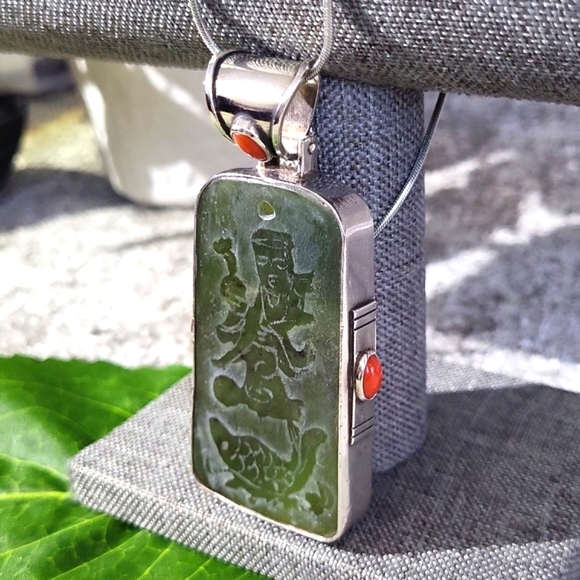 unbranded Jewelry - Vintage 925 Sterling Silver Carved Green Jade & Red Coral Cabochon Pendant